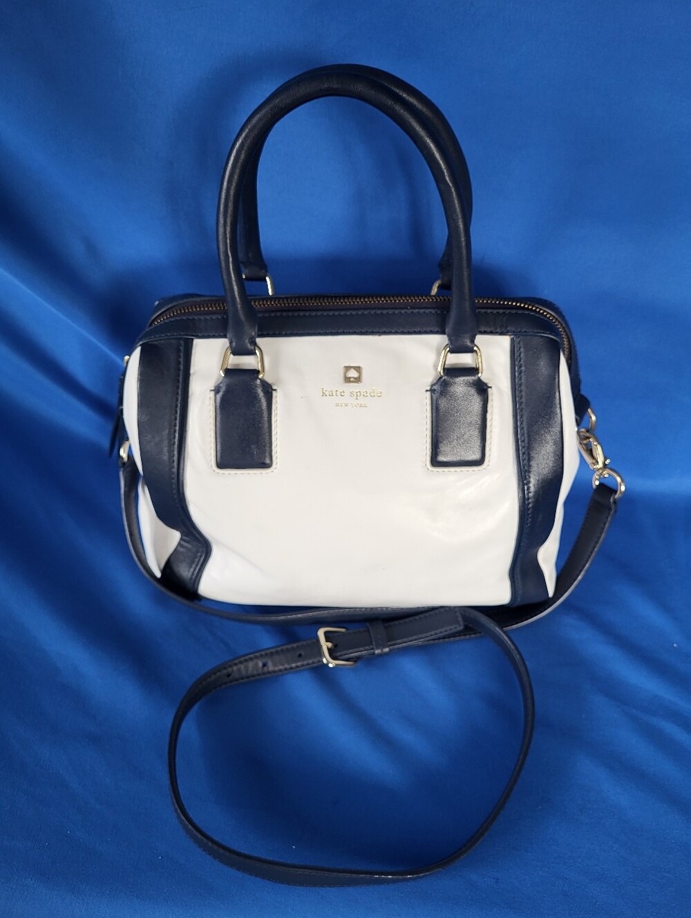 Kate Spade White Navy Leather Satchel Bag Hudson Street Cross Body